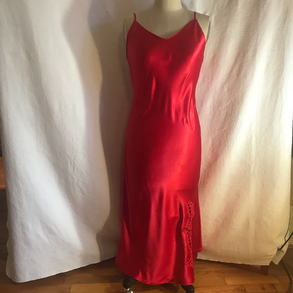 EUC bias cut red long slip S/M lace insert